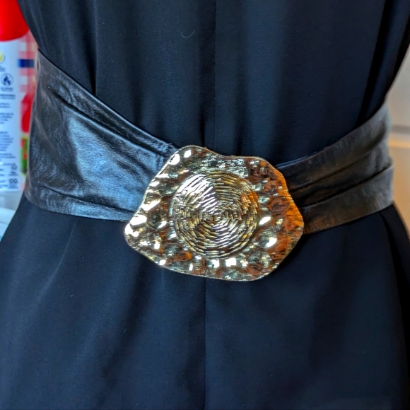 Vintage Leather Accessories - LEATHER SOFT WIDE BLACK BELT W/GOLD  BUCKLE ORNATE VINTAGEMEASURES 31''